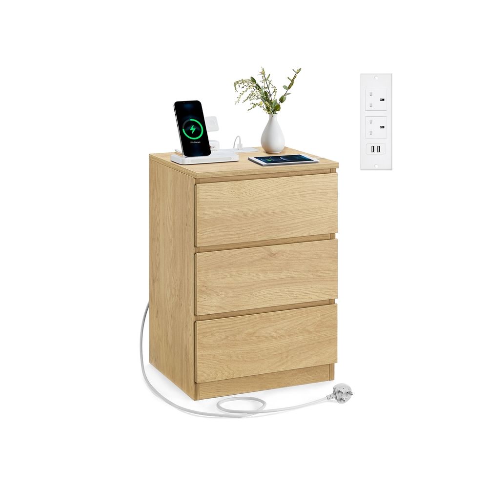 Bedside Table - Integrated Power Strip Design - 3 Drawers Storage Unit