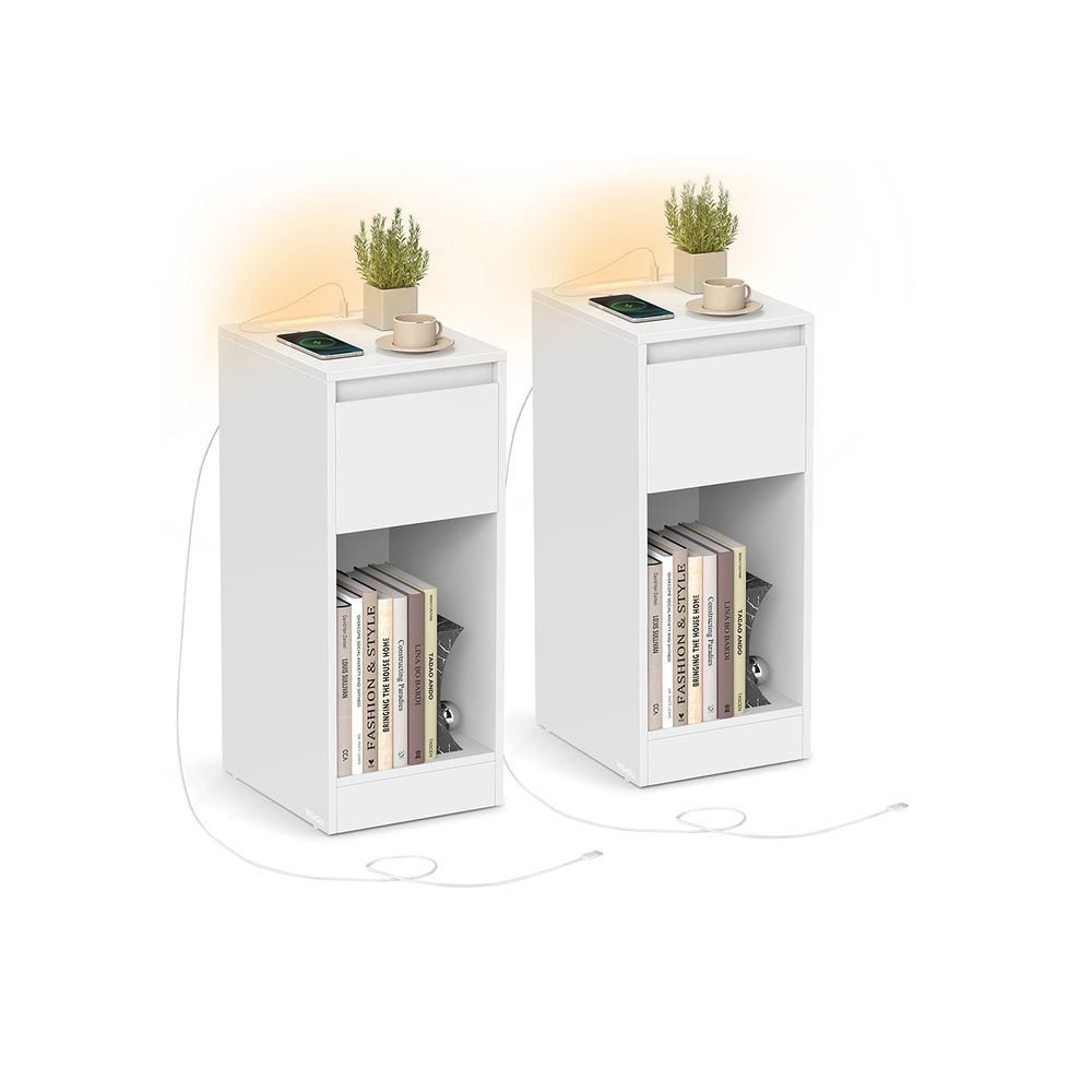 Bedside Table - Integrated Charging Station with LED Light - Slim Storage Drawer Design