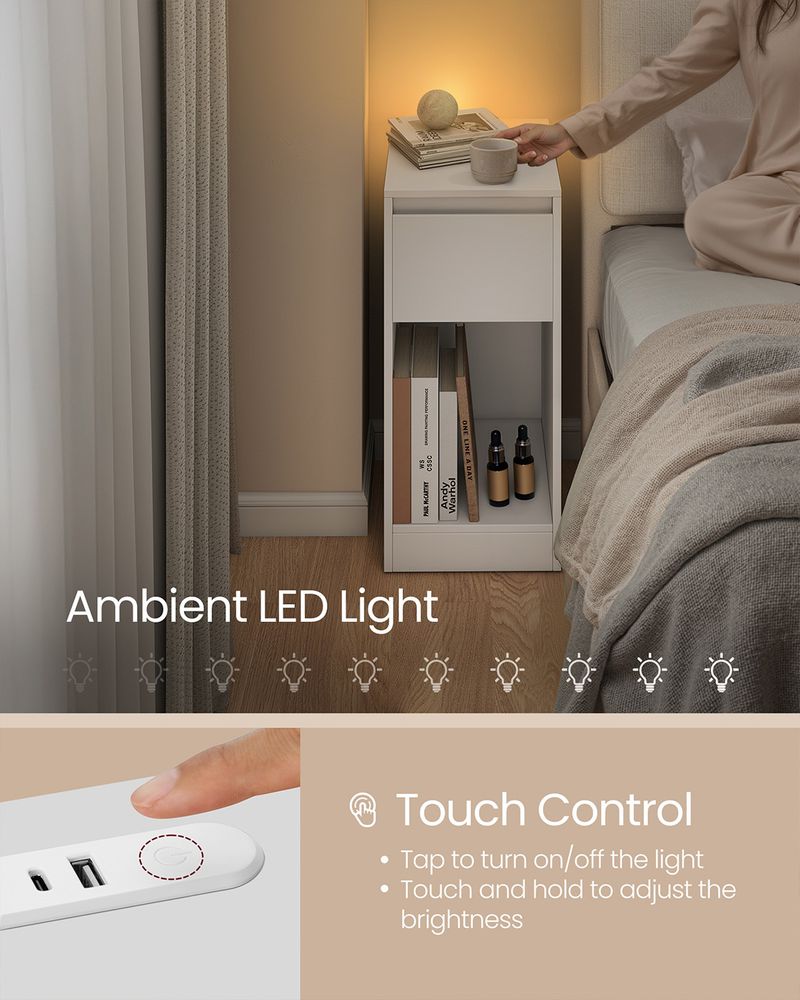 Bedside Table - Integrated Charging Station with LED Light - Slim Storage Drawer Design