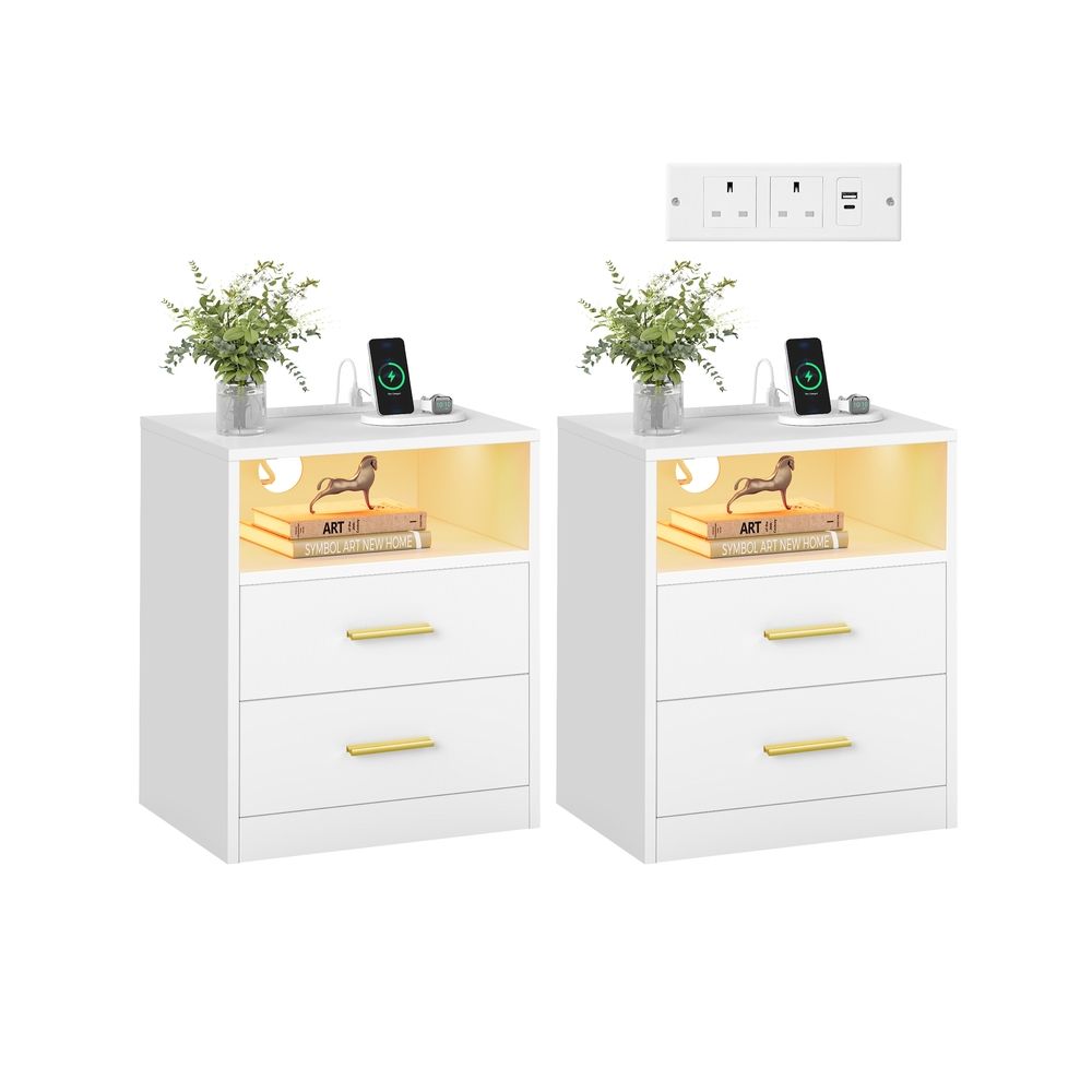 Bedside Table - Integrated Charging Station with LED Lighting - Cloud White Finish