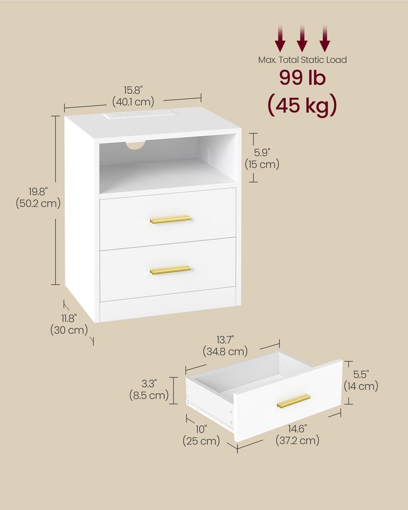 Bedside Table - Integrated Charging Station with LED Lighting - Cloud White Finish
