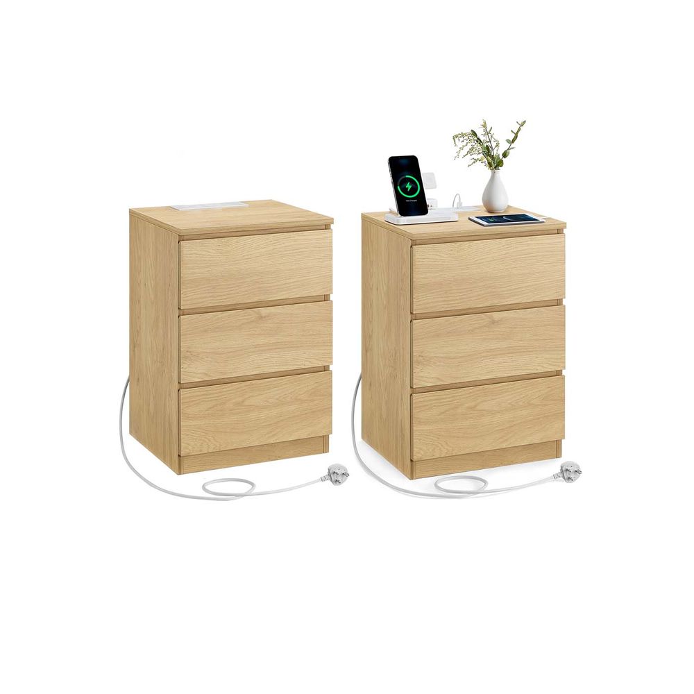Bedside Table - Integrated Power Strip Design - 3 Drawers Storage Unit