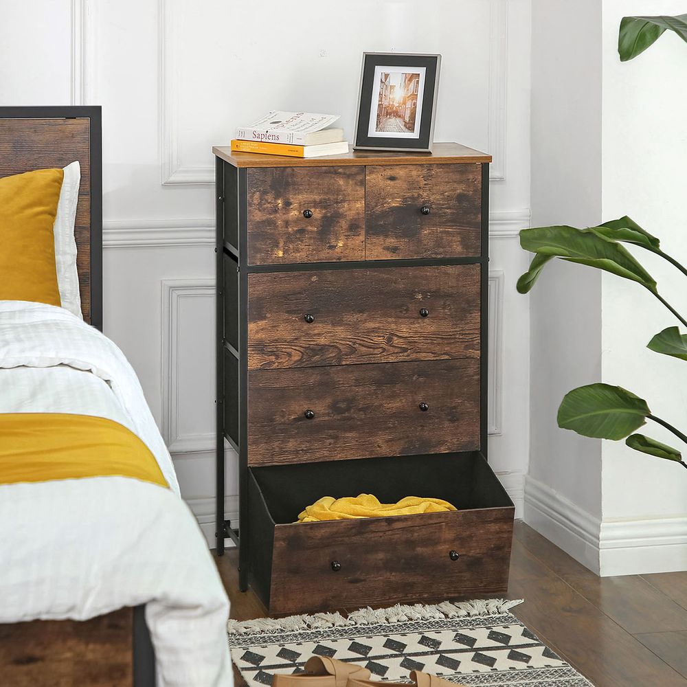 Chest of Drawers - 5 Fabric Drawer Storage - Rustic Brown Organiser Unit