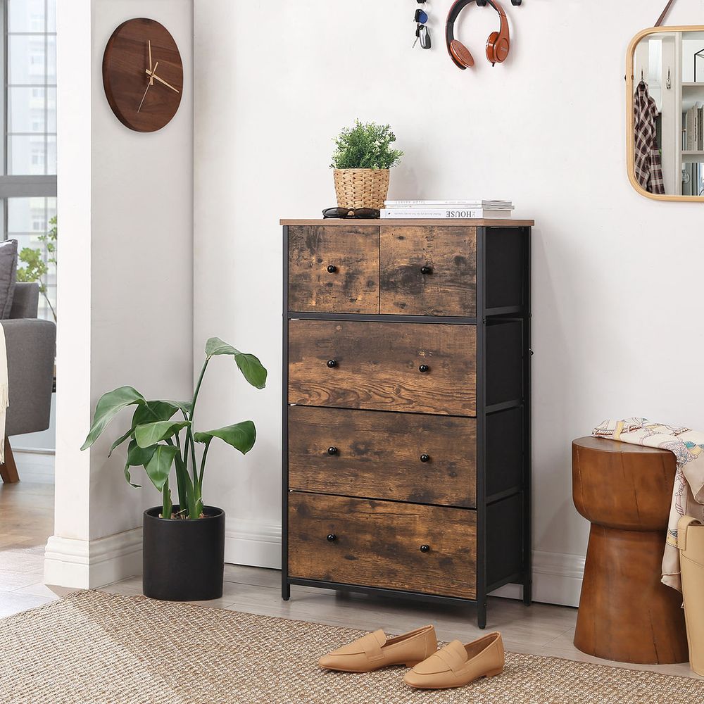 Chest of Drawers - 5 Fabric Drawer Storage - Rustic Brown Organiser Unit