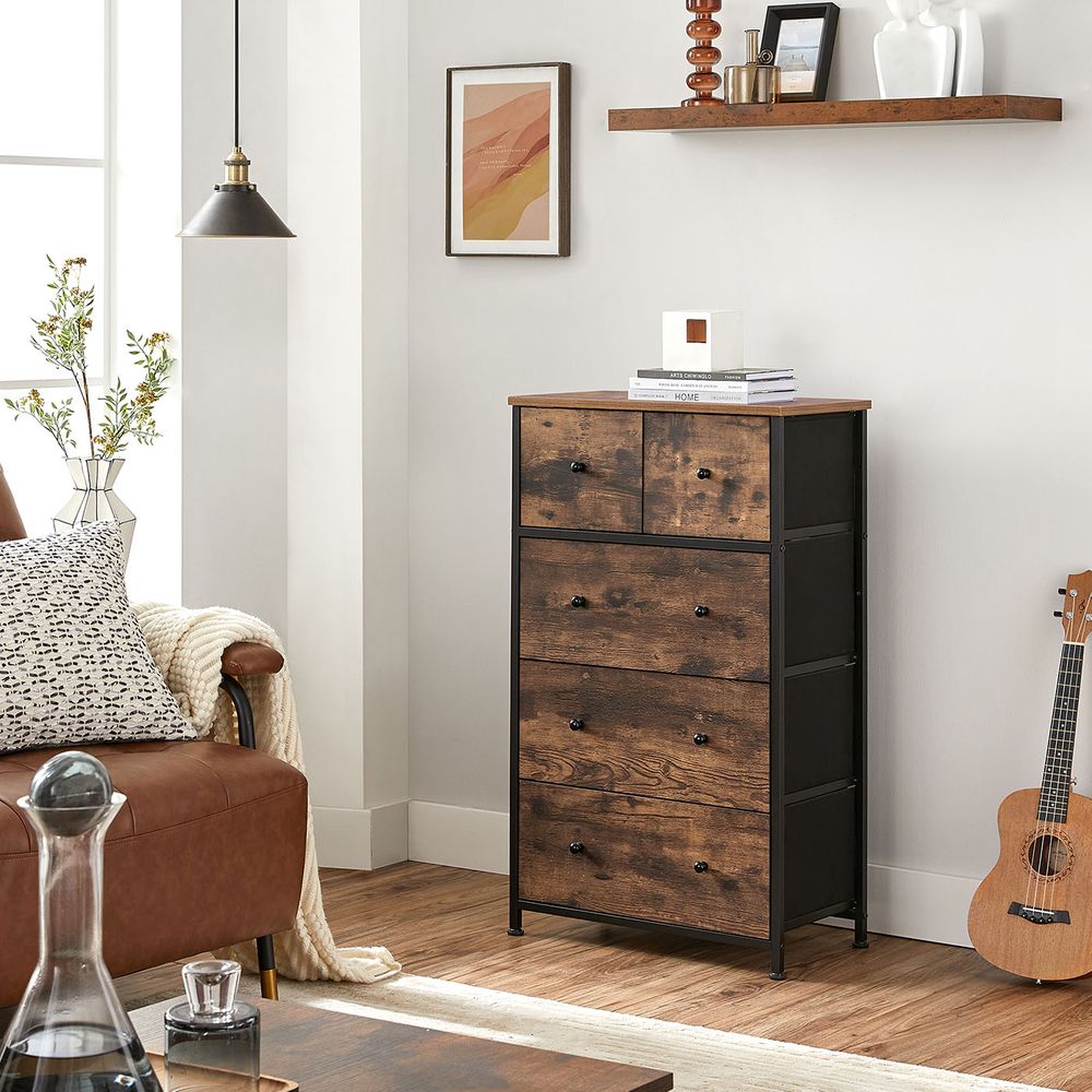 Chest of Drawers - 5 Fabric Drawer Storage - Rustic Brown Organiser Unit