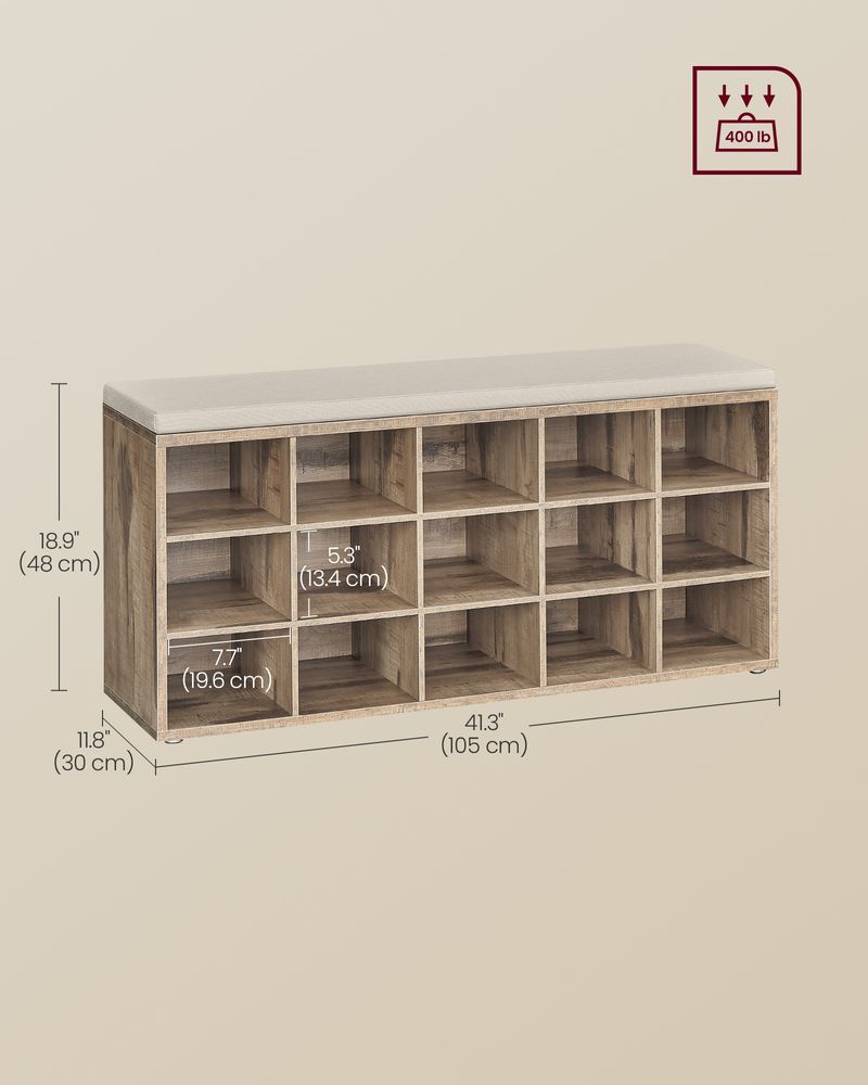 Shoe Bench - Cushioned Seat Storage - 15 Compartments