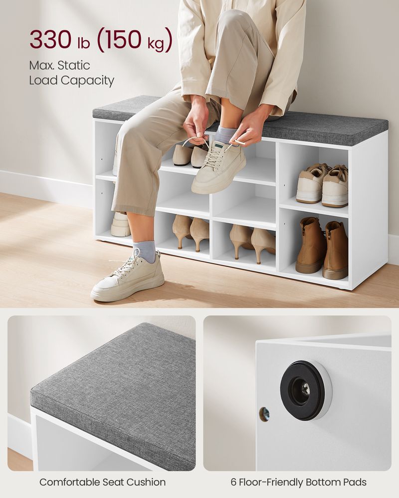 Shoe Bench - Cushioned Seat Storage - 10 Compartments