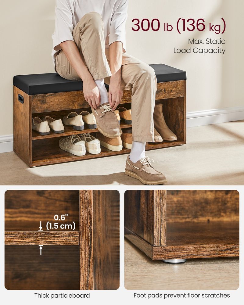 Shoe Bench - Padded Seat Storage - 3 Compartments