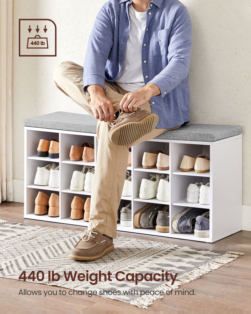 Shoe Bench - Cushioned Seat Storage - 15 Compartments
