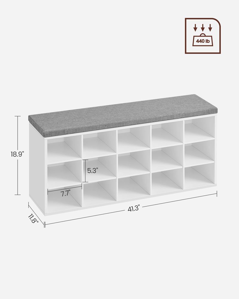 Shoe Bench - Cushioned Seat Storage - 15 Compartments