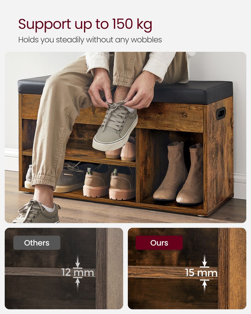 Shoe Bench - Padded Seat Storage - 3 Compartments