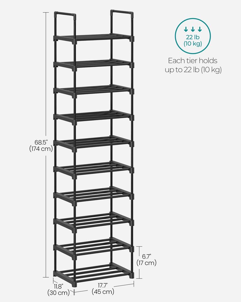 Shoe Rack - 10 Tier Metal Storage - 30 x 45 x 174 cm Black