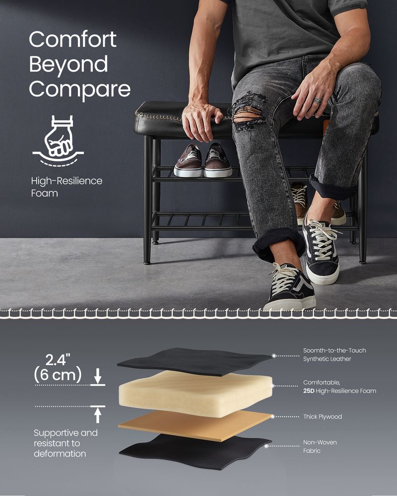 Shoe Bench - Synthetic Leather Seat - 3 Tier Storage