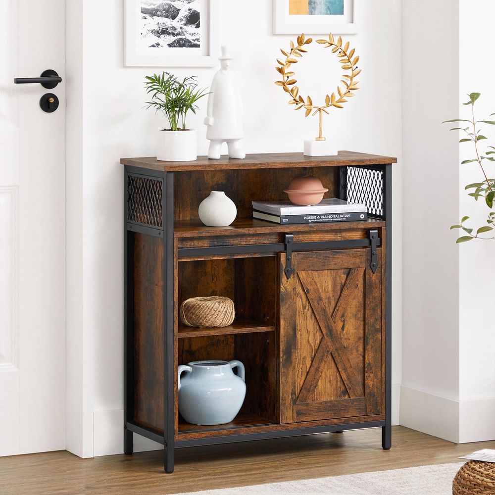 Storage Cabinet - Sliding Barn Door Design - Rustic Brown Unit