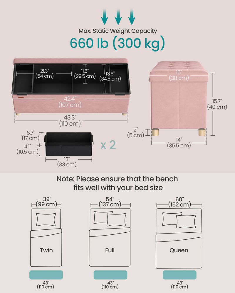 Ottoman Storage Box - 112L Lift-Up Lid Design - 38 x 110 x 40 cm Unit