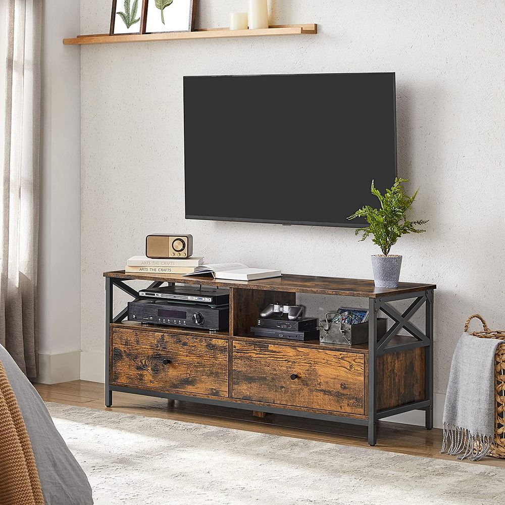 TV Stand - 2 Drawer Storage Design - Brown Finish Cabinet