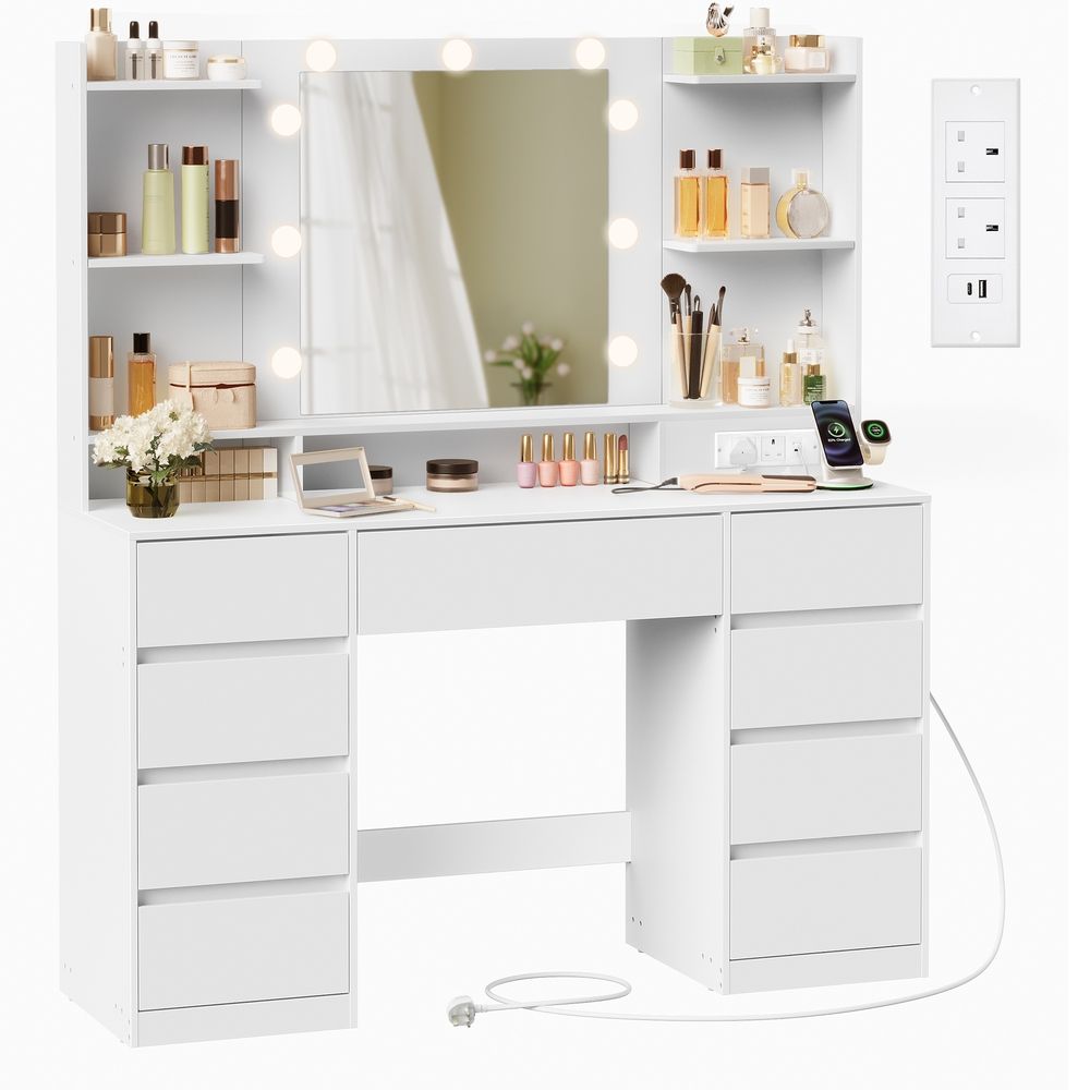 Dressing Table - LED Mirror with 9 Drawers - Cloud White Finish
