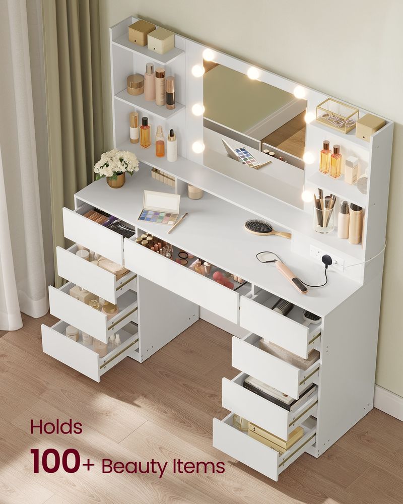 Dressing Table - LED Mirror with 9 Drawers - Cloud White Finish