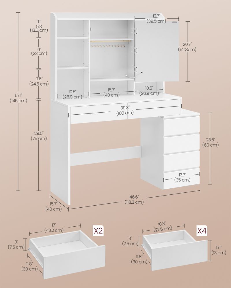 Dressing Table - LED Mirror with Drawers - Cloud White Finish