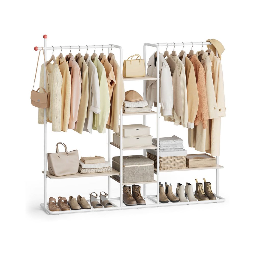 Clothes Rail - 2 Hanging Rails Storage System - 6 Shelves Configuration