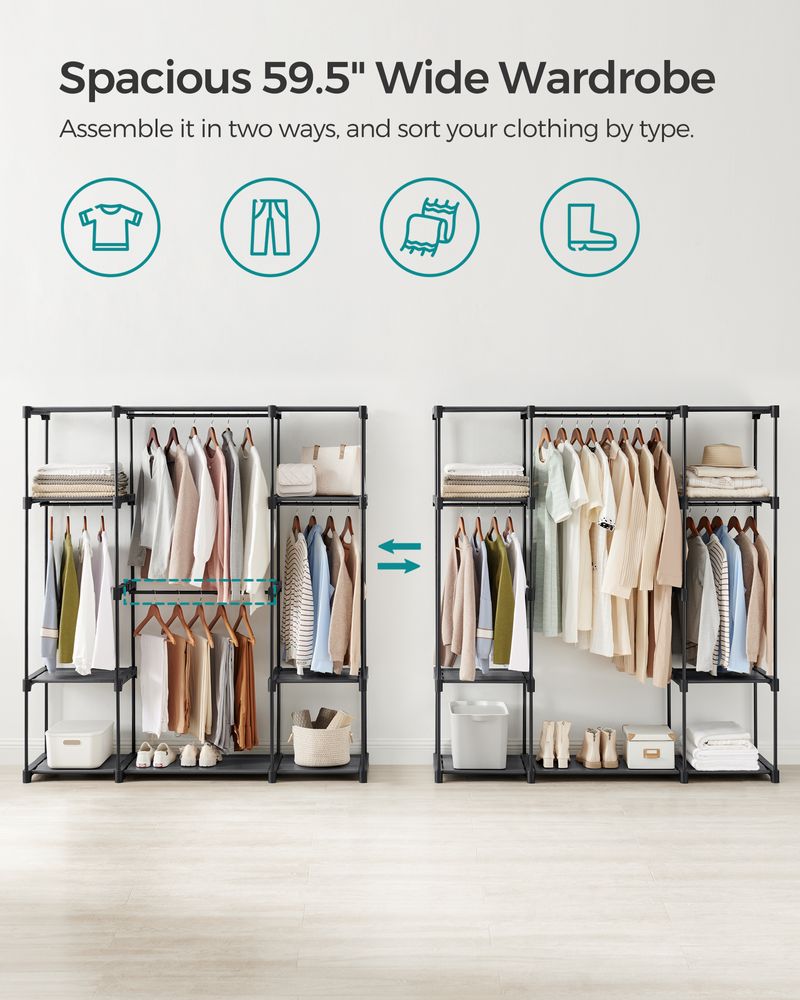 Portable Wardrobe - Multi-Compartment Storage Design - Black Finish