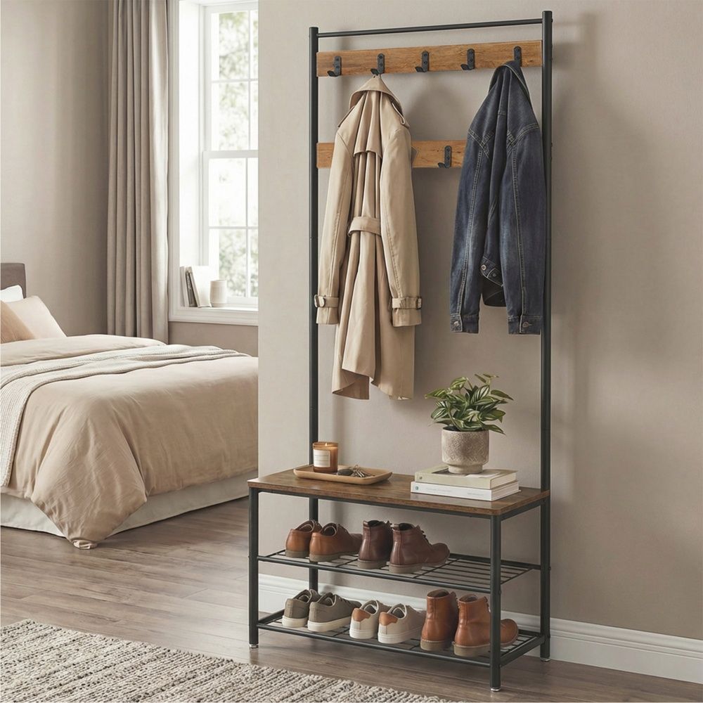 Hallway Coat Rack Stand - Coat Rack with Shoe Storage Bench - Freestanding Hall Tree Design