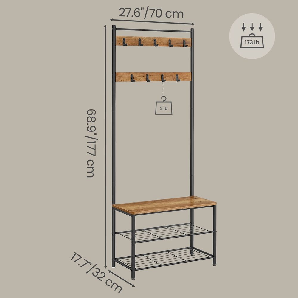 Hallway Coat Rack Stand - Coat Rack with Shoe Storage Bench - Freestanding Hall Tree Design