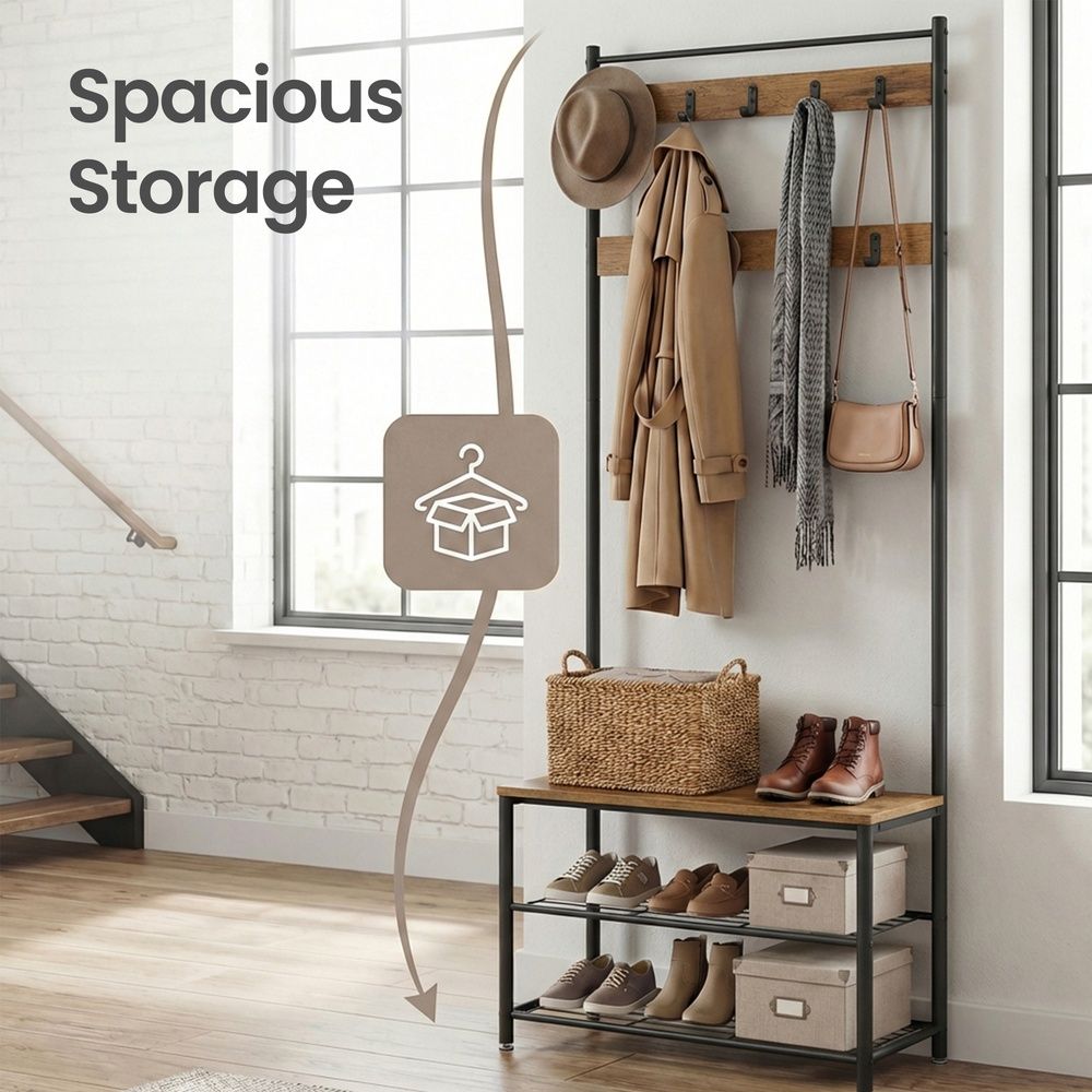 Hallway Coat Rack Stand - Coat Rack with Shoe Storage Bench - Freestanding Hall Tree Design