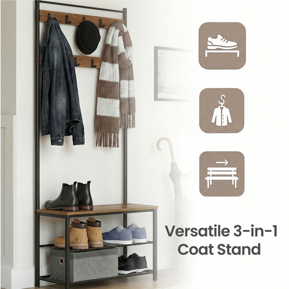 Hallway Coat Rack Stand - Coat Rack with Shoe Storage Bench - Freestanding Hall Tree Design
