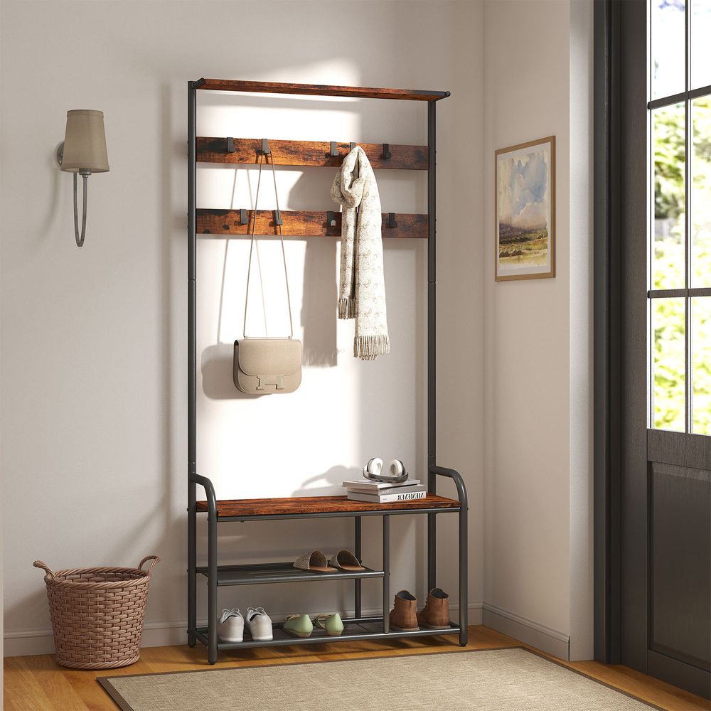 Hall Tree Coat Rack - Bench with Shoe Storage - 9 Removable Hooks