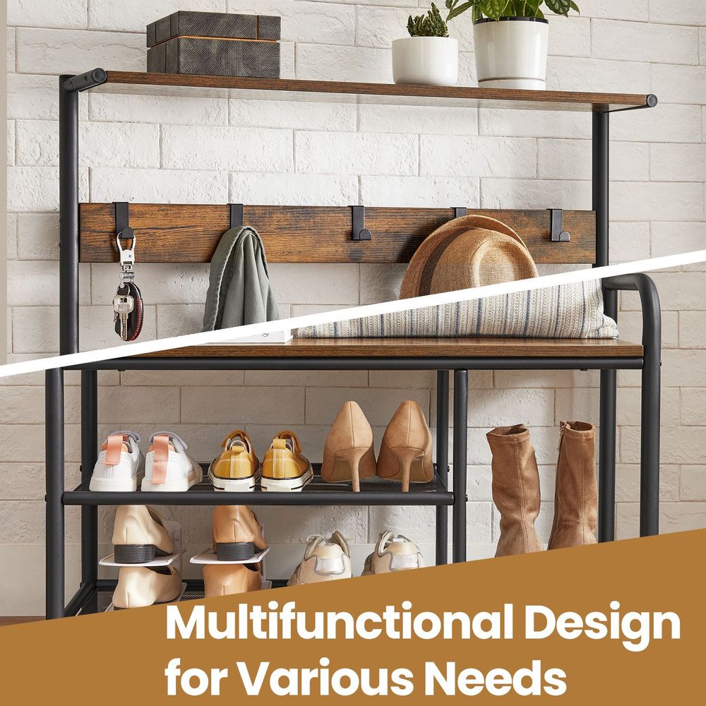 Hall Tree Coat Rack - Bench with Shoe Storage - 9 Removable Hooks