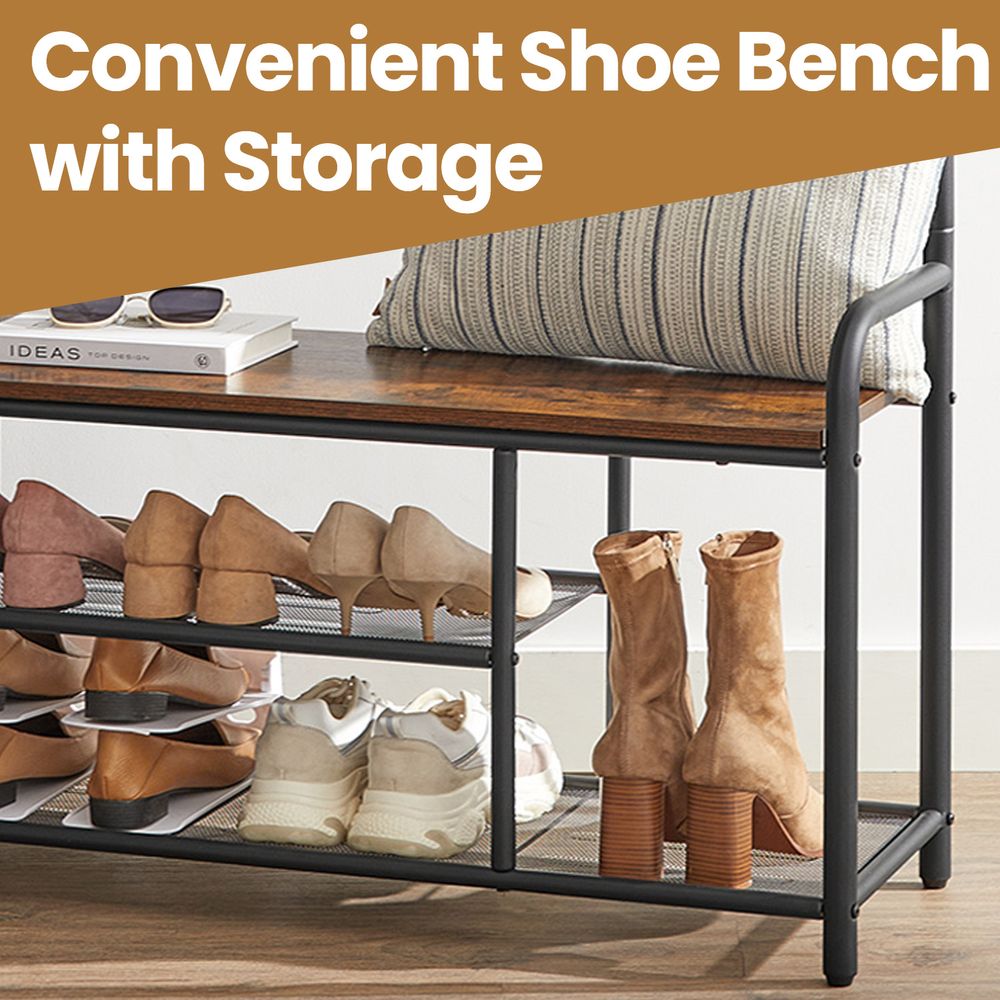 Hall Tree Coat Rack - Bench with Shoe Storage - 9 Removable Hooks
