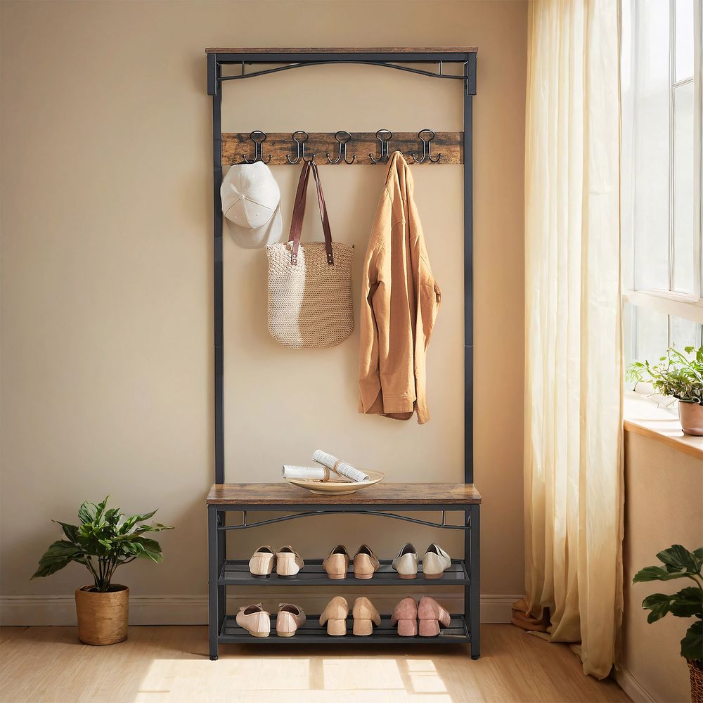 Hallway Coat Rack - Coat and Shoe Bench Storage - Brown Finish