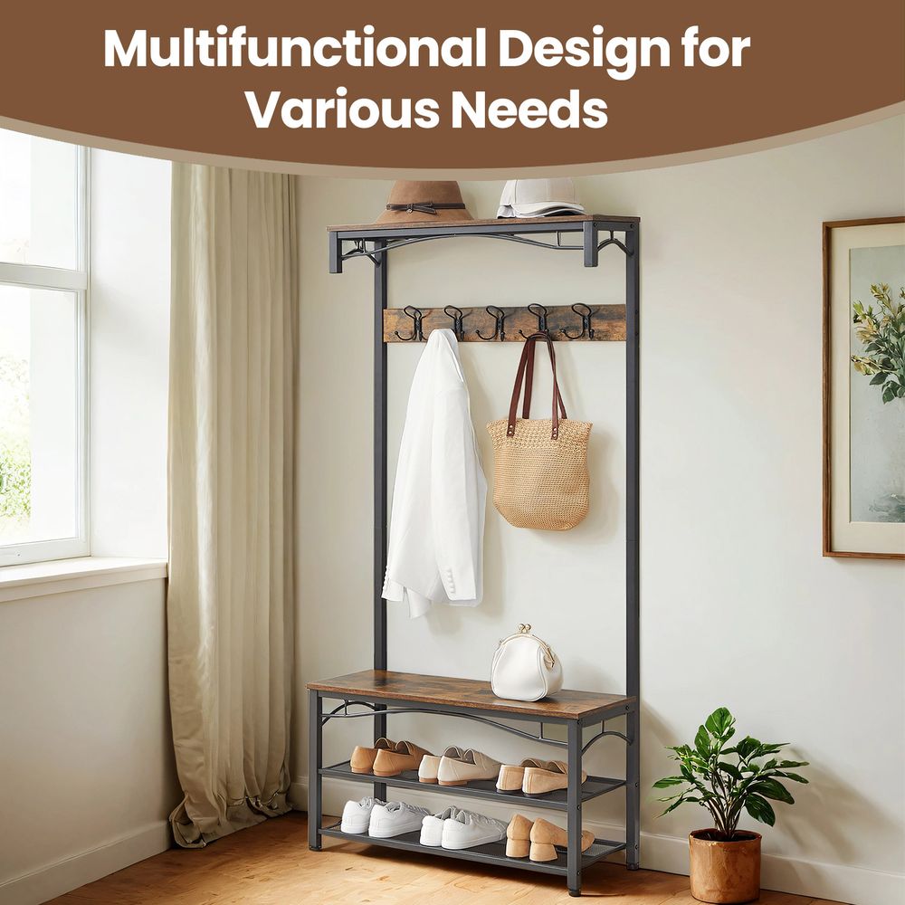 Hallway Coat Rack - Coat and Shoe Bench Storage - Brown Finish