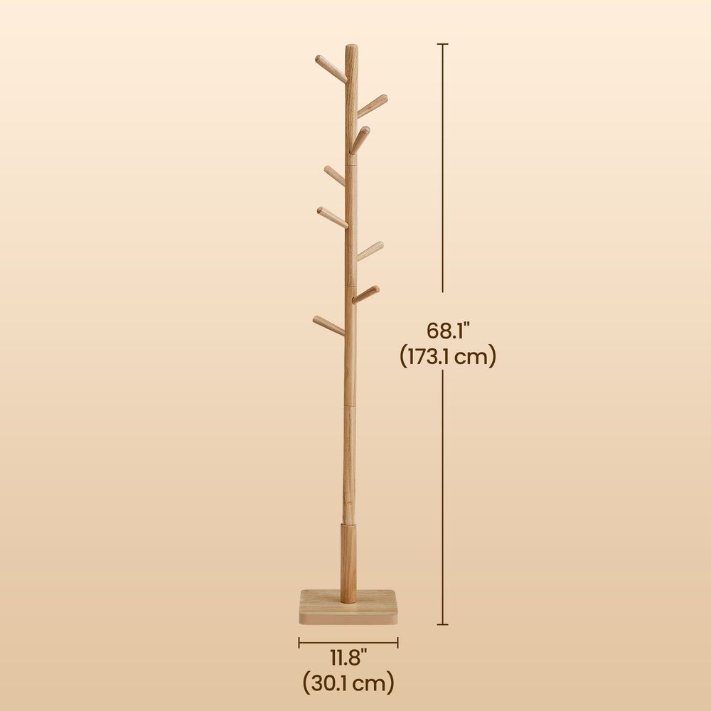 Wood Coat Rack - Freestanding with 8 Hooks - 3 Height Options