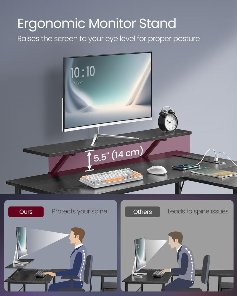 L-Shaped Computer Desk - Built-In Power Outlets - Corner Workspace Design
