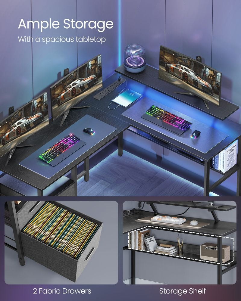 L-Shaped Computer Desk - Built-In Power Outlets - Corner Workspace Design
