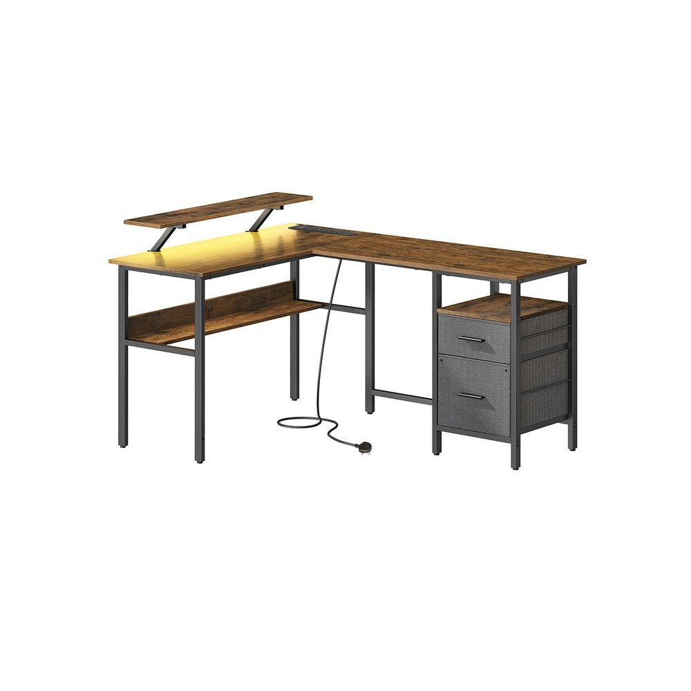 L-Shaped Computer Desk - Built-In Power Outlets - Corner Workspace Design