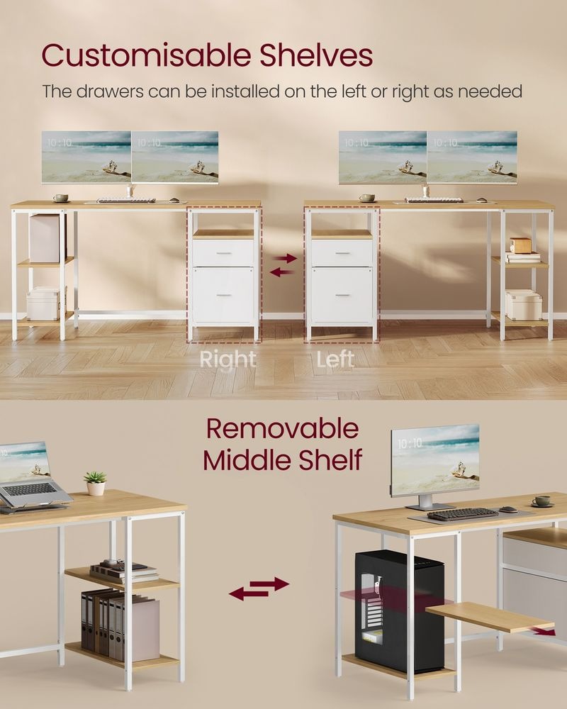 Computer Desk - Storage with 3 Shelves and 2 Drawers - Home Office Workspace Design