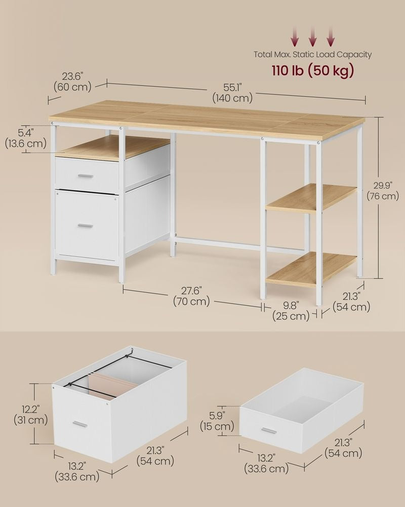 Computer Desk - Storage with 3 Shelves and 2 Drawers - Home Office Workspace Design