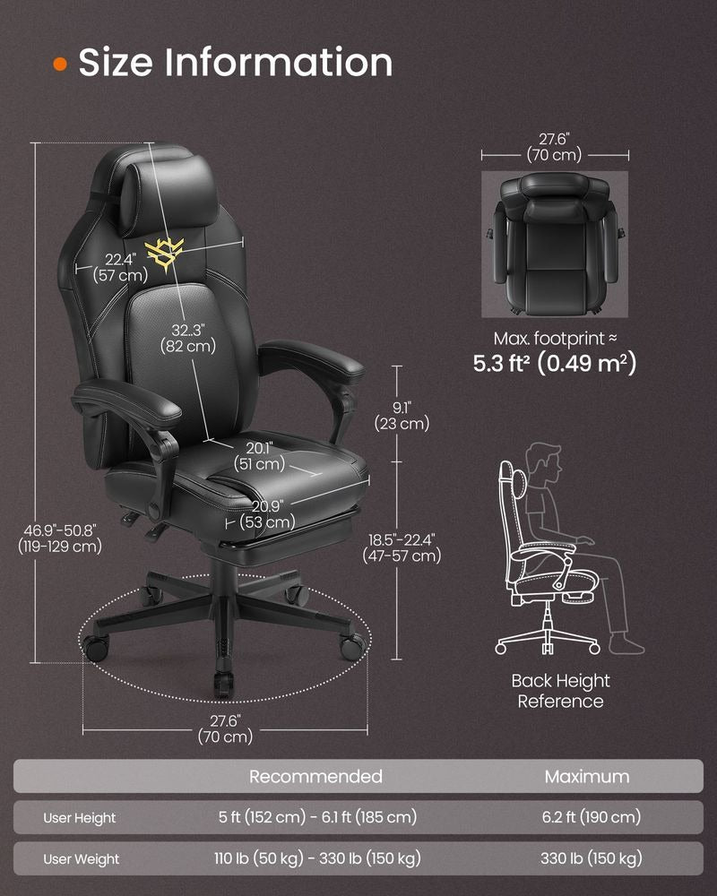 Gaming Chair - Includes Footrest and Headrest - Ergonomic Reclining Design