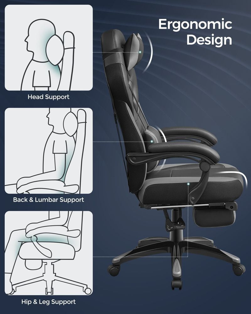 Gaming Chair - Ergonomic Adjustable Headrest - Reclining Office Seat Design