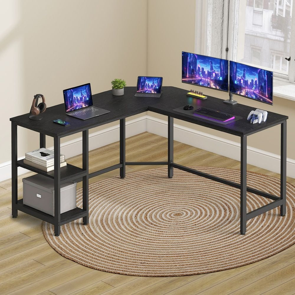 Office Desk - Shelved Corner Design - L-Shaped Space-Saving Workstation