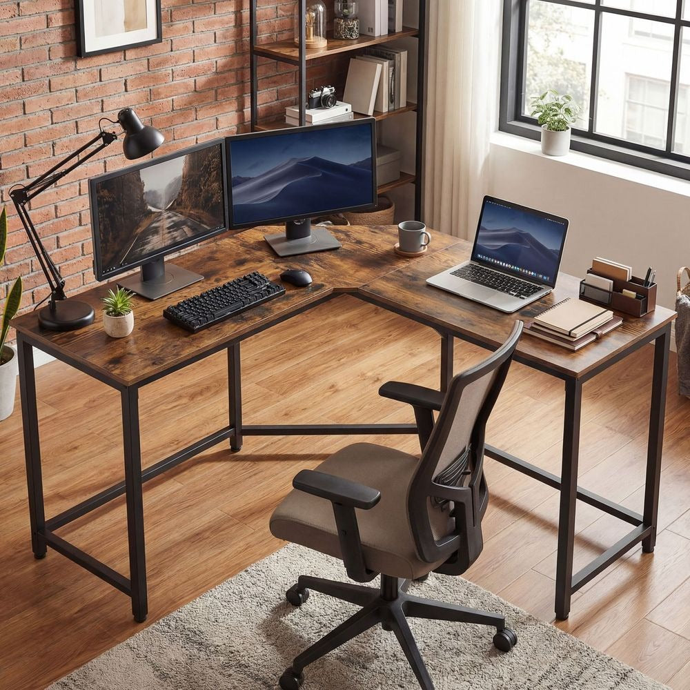 L-Shaped Office Desk - Space-Saving Corner Design - Home Workstation Setup