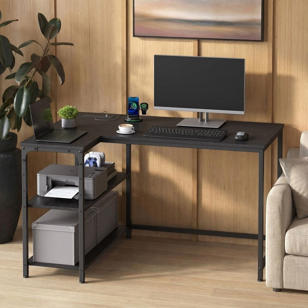 Computer Desk - Built-In Power Outlets - L-Shaped Storage Shelves Corner Desk