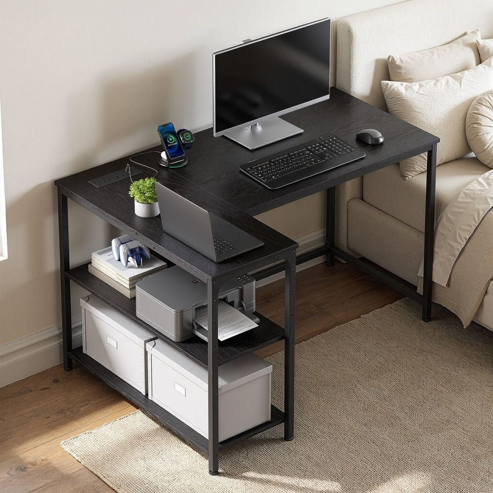 Computer Desk - Built-In Power Outlets - L-Shaped Storage Shelves Corner Desk