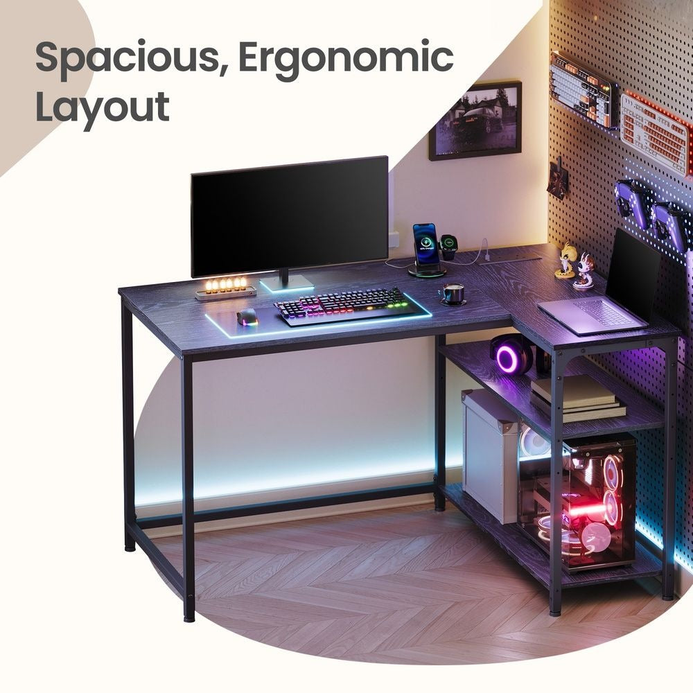 Computer Desk - Built-In Power Outlets - L-Shaped Storage Shelves Corner Desk