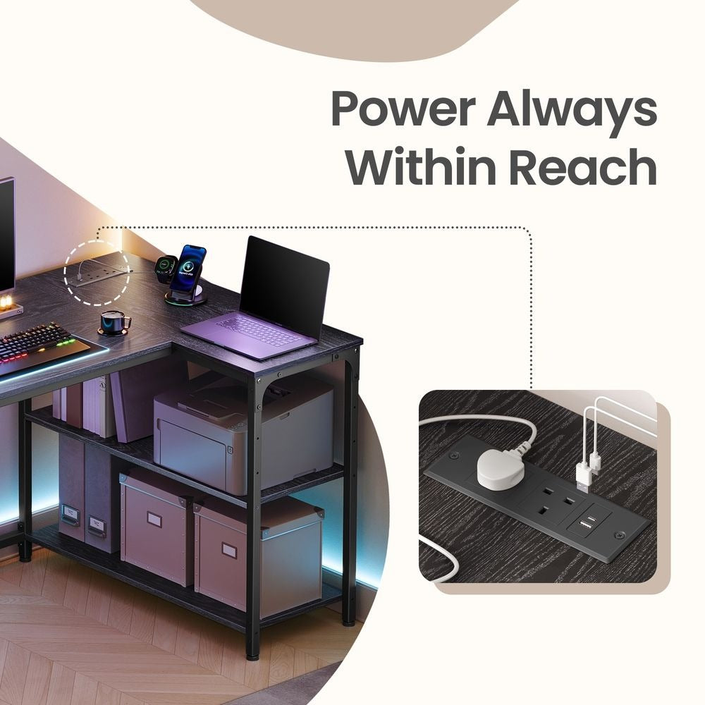 Computer Desk - Built-In Power Outlets - L-Shaped Storage Shelves Corner Desk