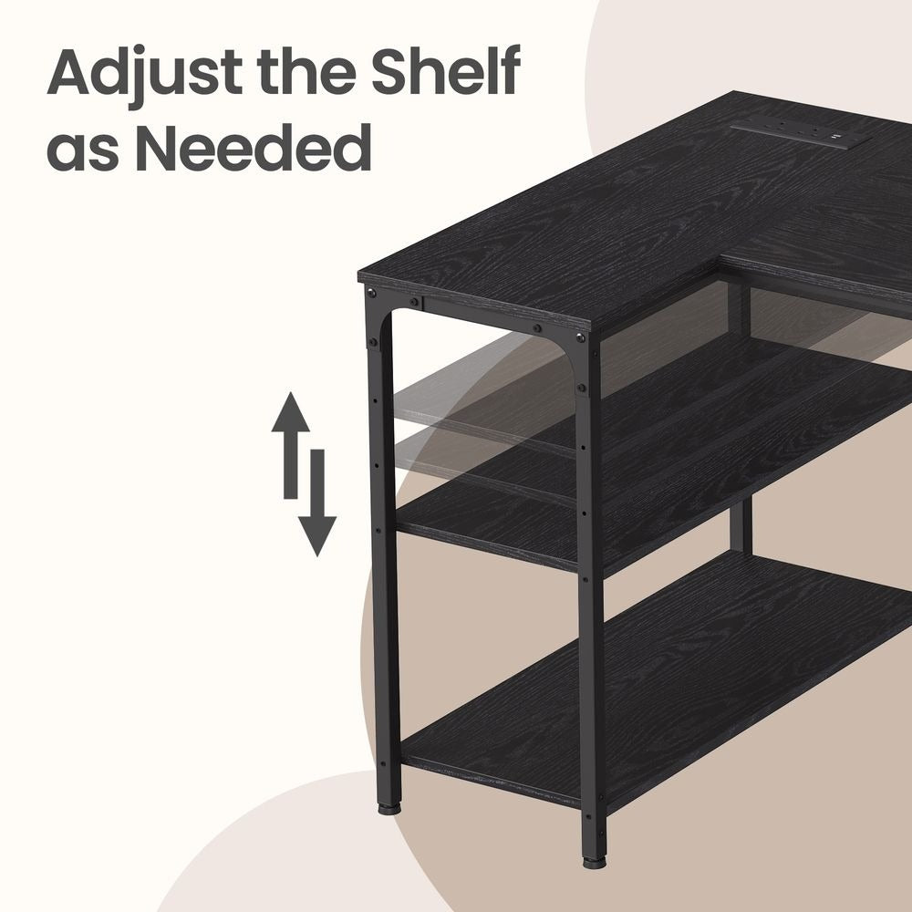 Computer Desk - Built-In Power Outlets - L-Shaped Storage Shelves Corner Desk