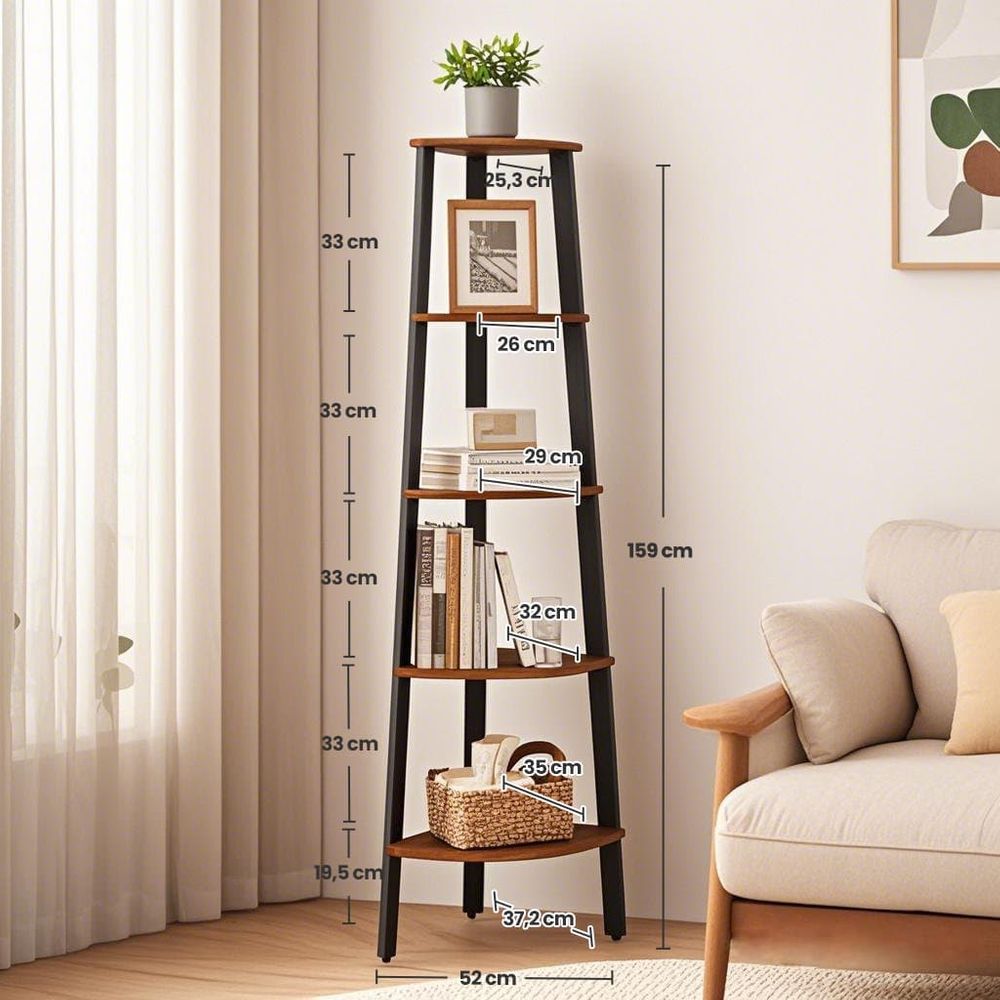 Corner Shelf - 5-Tier Ladder Design - Rustic Brown Finish